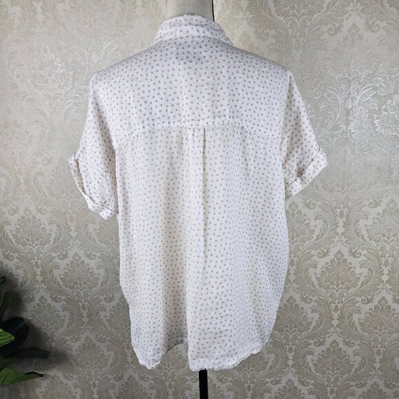 Rachel Zoe Size Medium Linen Button Up Blouse White Tan Polka Dots Boxy Cut - Picture 7 of 11